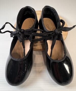 Capezio Shuffle 356 Girls 12.5M Black Patent Tele Tone Ribbon Tie Tap Dance Shoe